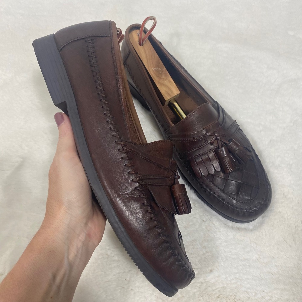 Giorgio Brutini Mens 9.5 Brown Leather Woven Tassel Loafers Dress Shoes Preppy